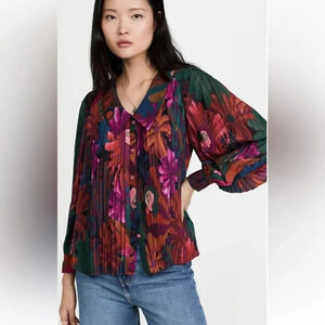 NWT FARM Rio Bird Flowers Pleated Button Down Shirt - Bold Colorful Tropical Top